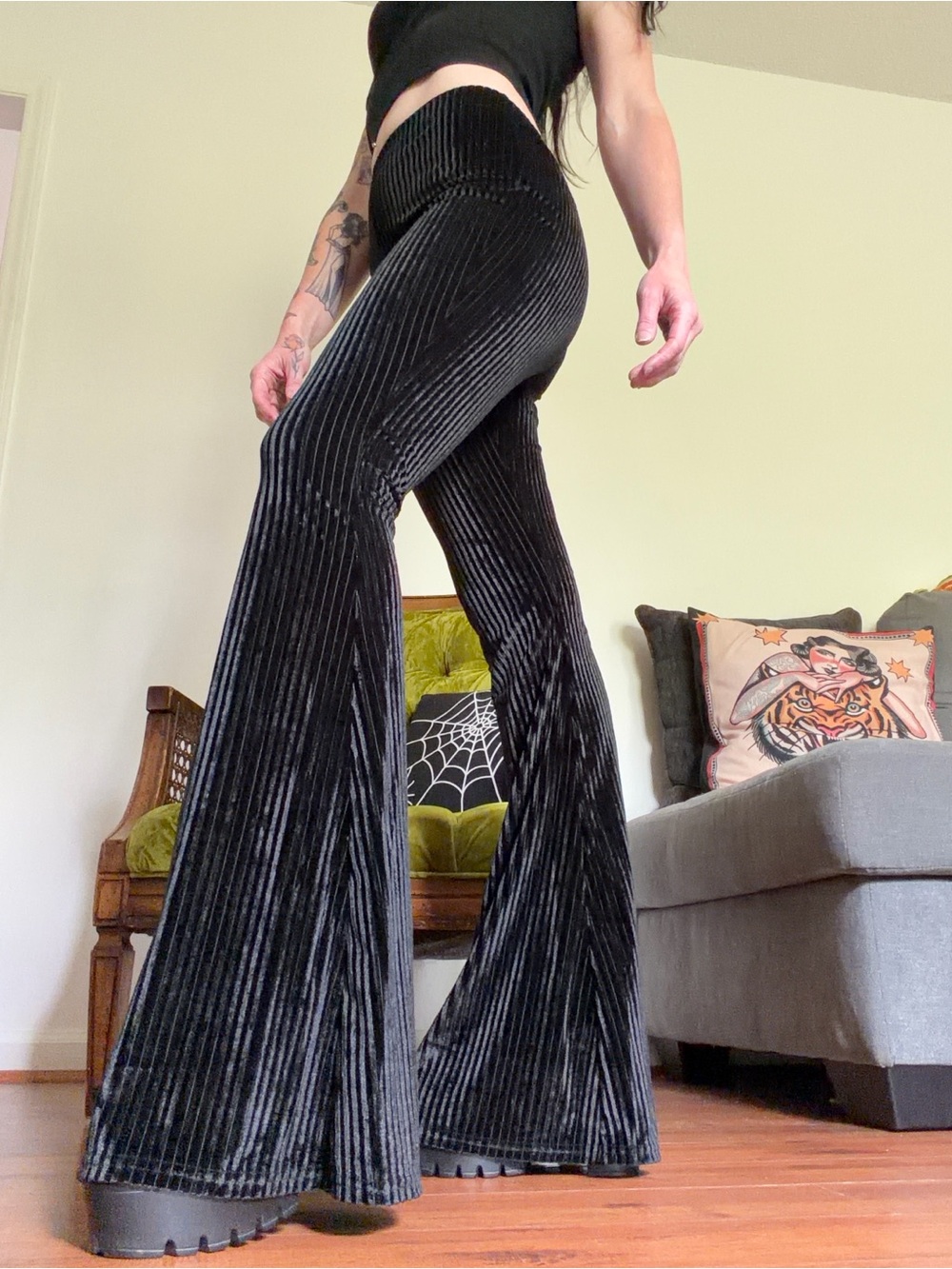 Killstar Black Ribbed Velvet Flared Pants Sm